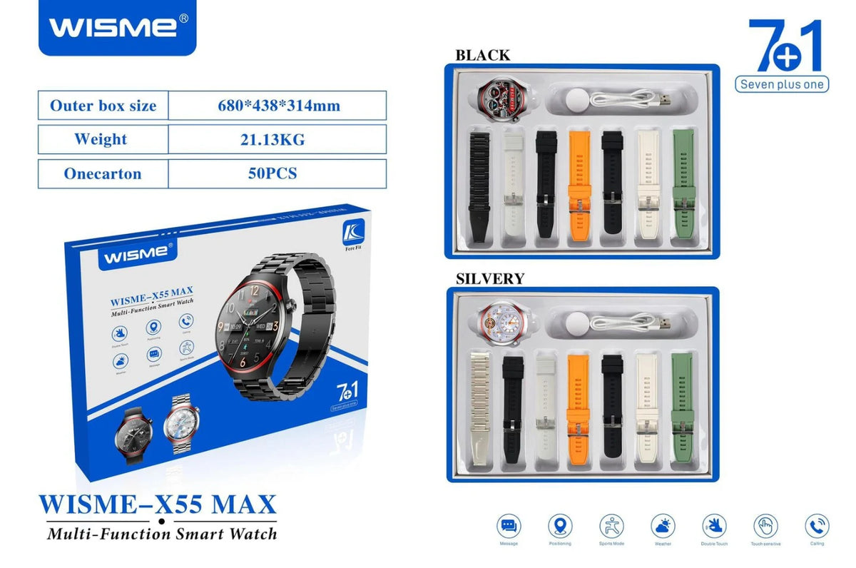 WISME-X55 MAX Multi-Function Smart Watch with Seven 7 Straps Band  Wireless Charging